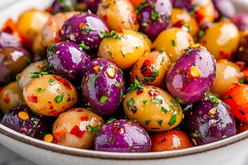 Fototapeta premium Colorful mixed olives with herbs and spices served in a bowl on a white surface, perfect for appetizers or Mediterranean dishes