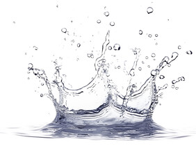 Photorealistic water splash in crown shape, monochrome, high contrast, detailed droplet effects, isolated on transparent background, PNG format, featuring coronal pattern and detailed splash.