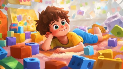 Fototapeta premium Joyful Preschool Boy Surrounded by Colorful Toys on Soft Carpet in Illustration