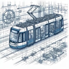 Blueprint Tram A technical drawing of a tram showing its interna