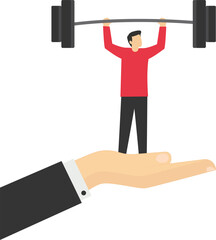 Support strength. Businessman holding dumbbells on support hand. vector

