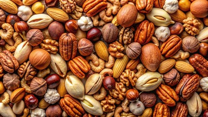 An extreme close-up top view of a variety of shelled nuts , nuts, top view, variety, shelled, background, close-up, food