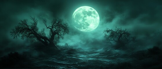 Full moon shining over a desolate, spooky landscape, dark silhouettes of twisted trees, eerie fog rolling in, high detail, haunting and mysterious