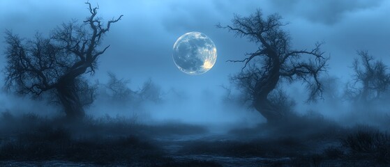 Naklejka premium Full moon shining over a desolate, spooky landscape, dark silhouettes of twisted trees, eerie fog rolling in, high detail, haunting and mysterious