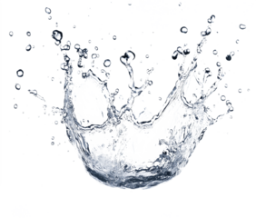 Macro photograph of a water splash with translucent droplets and bubbles. High contrast greyscale liquid art showcasing detailed textures and frozen motion, isolated against a transparent background
