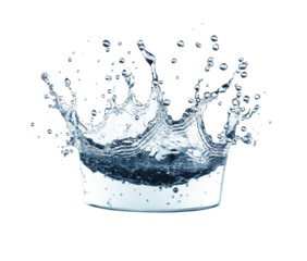 Hyper-realistic splash of water forming a crown shape with blue droplets and ripples, isolated on transparent background. Detailed studio shot, high resolution PNG format