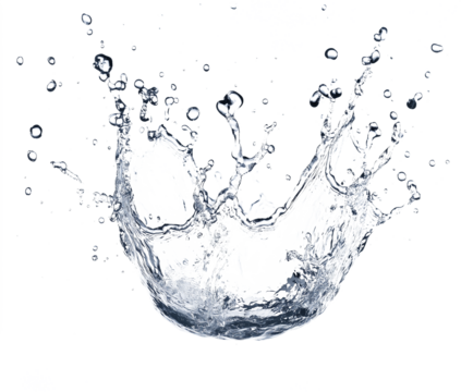 Macro photograph of a water splash with translucent droplets and bubbles. High contrast greyscale liquid art showcasing detailed textures and frozen motion, isolated against a transparent background