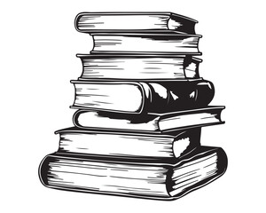 Fototapeta premium Stack of Books Illustration in Black and White Vintage Woodcut Style Vector Drawing