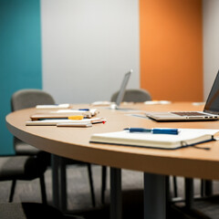 Modern colorful meeting room with large round table prepared with notebooks and pens before the meeting