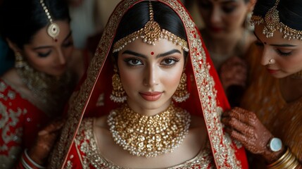 Obraz premium A woman wearing a red and gold necklace and a red and gold headpiece