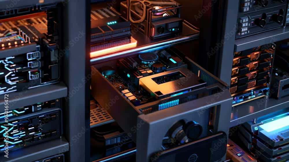 Poster a close-up of a modern computer hardware setup, showcasing illuminated circuit boards, cooling syste