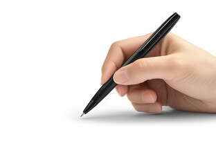 Closeup of a hand holding a black ballpoint pen on a white background. Highly detailed, photo-realistic digital art with dramatic lighting, cinematic composition, PNG format, isolated object