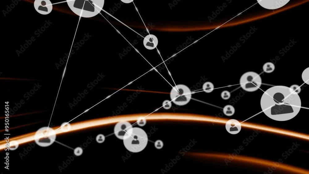 Poster animating user icons and network connections over black background with orange lines