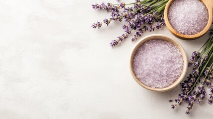 Lavender salt in wooden bowls with fresh lavender sprigs, perfect for relaxation and wellness. Natural ingredients meet rustic charm.