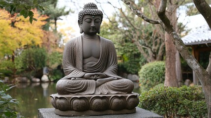 Fototapeta premium Serene Buddha statue contemplates in peaceful solitude, a popular and captivating image.