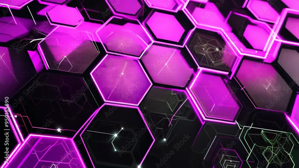 Poster vibrant stock an abstract geometric design of interlocking hexagons in bright purples and sleek blac