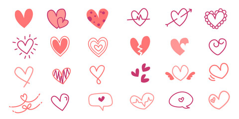 Set of flat, doodle and sketch red heart shape icon designs. Abstract romantic emoji symbol. Hand drawn wedding and valentine day hearts set. Pink love elements.