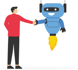 Businessman and robot with artificial intelligence shaking hands. Collaboration concept. Agree on benefits. Modern vector illustration in flat style

