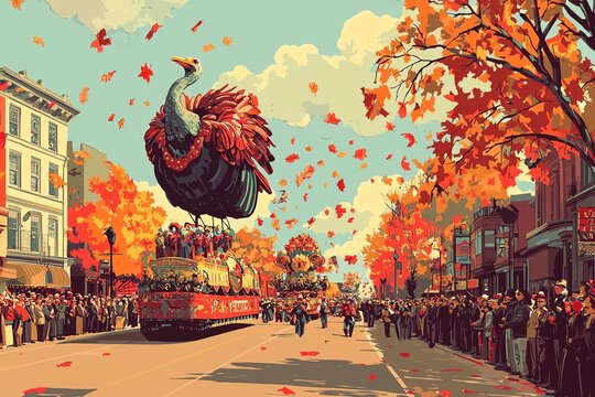 A giant turkey float in a Thanksgiving parade with falling leaves and cheering crowd.