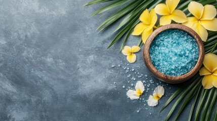 Relaxing spa scene with blue salt, tropical flowers, and green leaves for a tranquil atmosphere and rejuvenation.