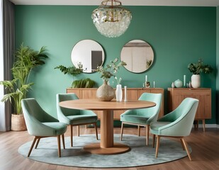 Elegant green dining room featuring a round wooden table, green chairs, and stylish decor