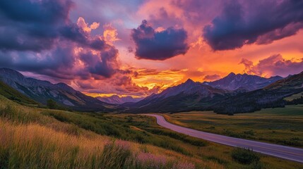 Fototapeta premium Sunsets over a scenic highway winding through majestic mountains, with a backdrop of vibrant clouds in the sky.