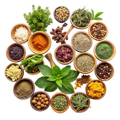 Various dried herbs and spices in wooden bowls on a black background - including turmeric, cumin, coriander, peppercorns, and more - arranged in a circular pattern