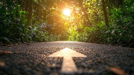 An upward view of a sunlit road with a prominent arrow symbolizing direction and new beginnings, surrounded by lush greenery
