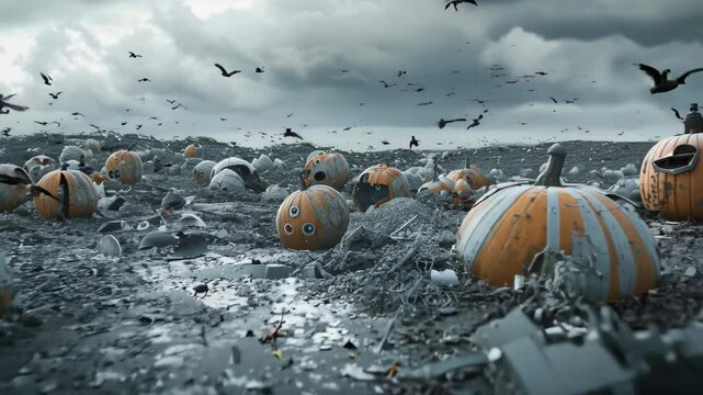 A surreal, dystopian landscape filled with oversized, cartoonish pumpkins with expressive eyes. eerie scene, under a moody sky, blends whimsy with decay, perfect for Halloween themes.
