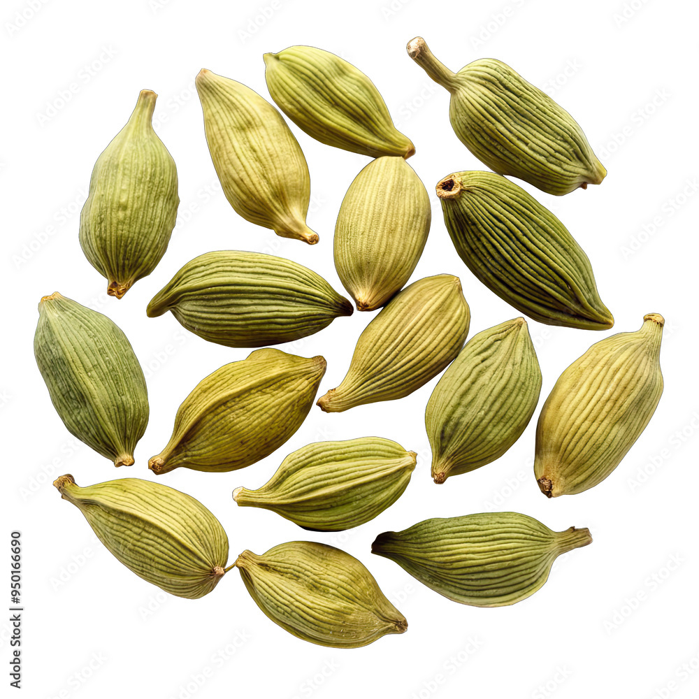 Poster a scattering of green cardamom pods on a clean, white background. the pods are arranged in a semi-ci