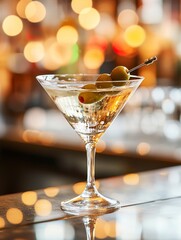 A classic martini garnished with olives served in a stylish glass at a cozy bar during evening hours