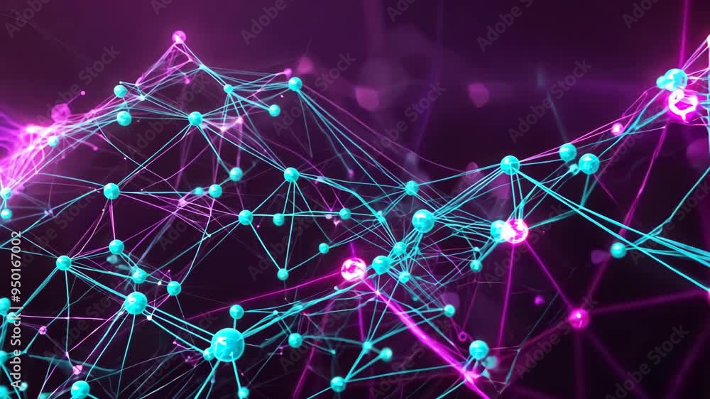 Poster an abstract representation of a digital network, featuring vibrant cyan and magenta connections. des