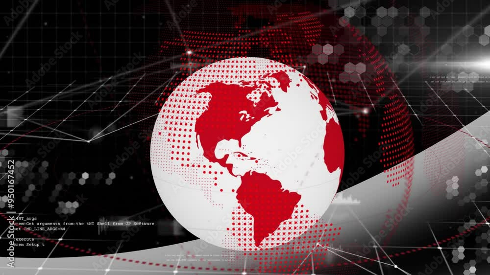 Poster rotating globe animation over digital grid and red world map background