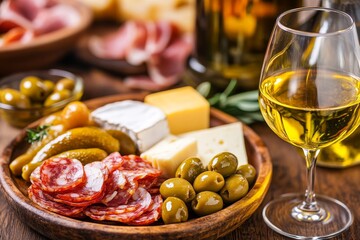 A delightful spread of cured meats, cheeses, olives, and pickles paired with a glass of white wine in a warm rustic setting