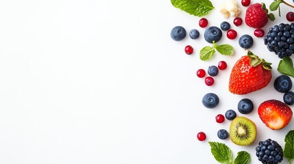 Fresh assortment of vibrant berries and fruits arranged beautifully on a white background, perfect for healthy eating themes.