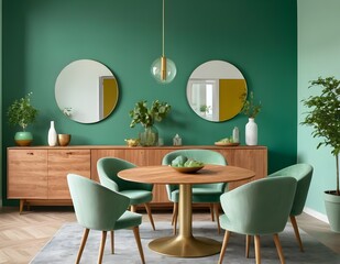 Elegant green dining room featuring a round wooden table, green chairs, and stylish decor