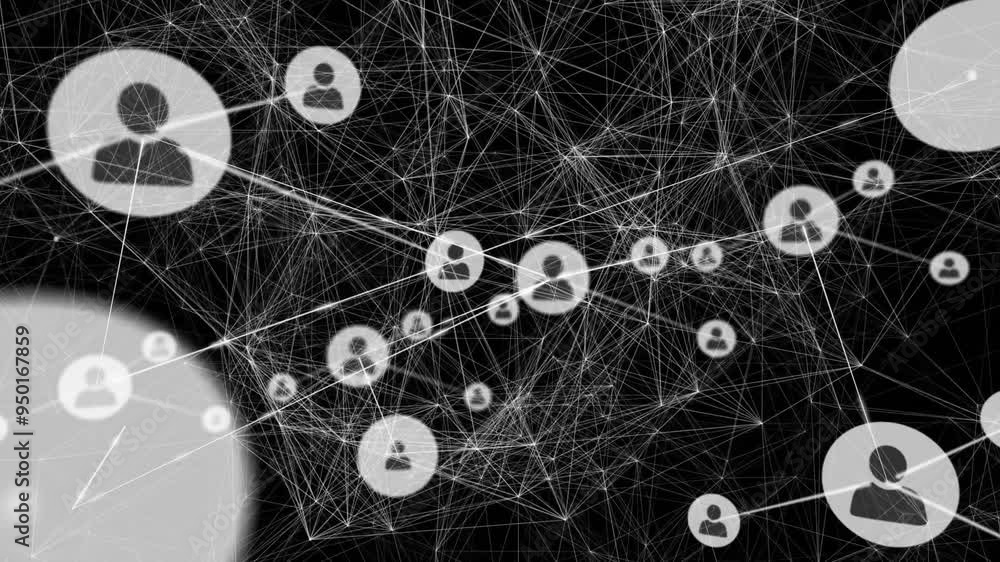 Poster network of connections and user icons animation over black background