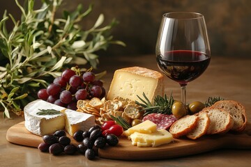 A rustic cheese and charcuterie board with red wine and fresh grapes on a wooden table set for an elegant evening gathering
