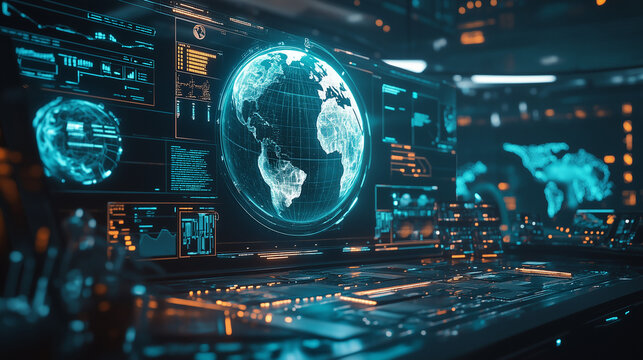 A futuristic global command center with computer screen with 3D holographic globe and digital data. Illustration suggests advanced technology, global connectivity, and surveillance or monitoring.