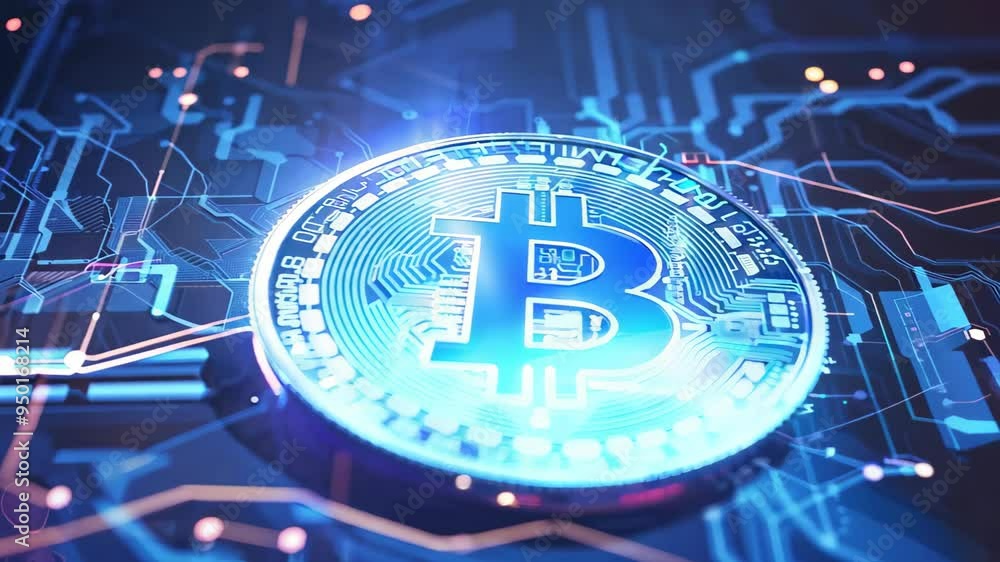 Poster a vivid digital illustration showcases a glowing bitcoin coin against intricate circuit board patter