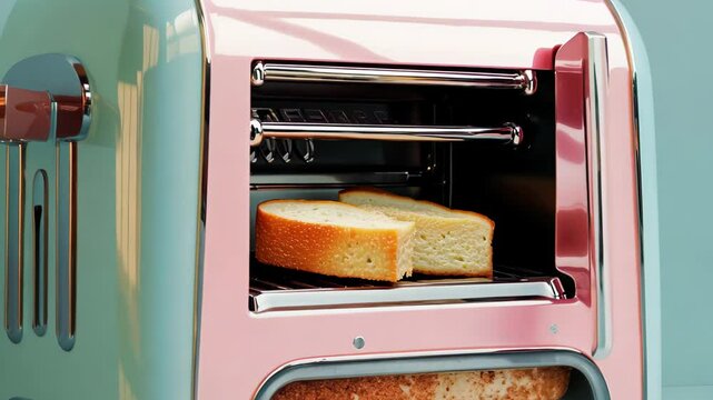 A vibrant retro toaster in pastel pink and teal stands out against a soft turquoise backdrop. With a transparent window showing toasting bread, it symbolizes warmth and joy in cooking.