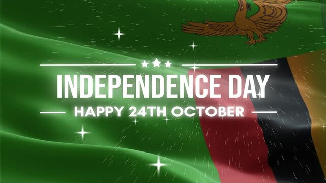 AZambia Independence Day, lettering text with waving Zambia flag background and fireworks. Flag of Zambia Waving Animation.