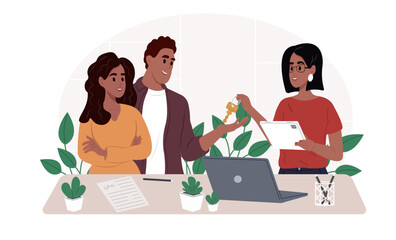 Meeting at a real estate agency with a realtor. Happy couple receives the keys to their new property. Bank mortgage, sale, rent concept