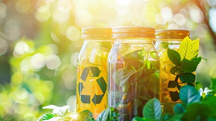 A vibrant stock photo showcases clear glass jars filled with recycled materials, surrounded by lush greenery and the universal recycling symbol, promoting sustainability and eco-conscious living.
