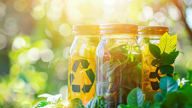 A vibrant stock photo showcases clear glass jars filled with recycled materials, surrounded by lush greenery and the universal recycling symbol, promoting sustainability and eco-conscious living.