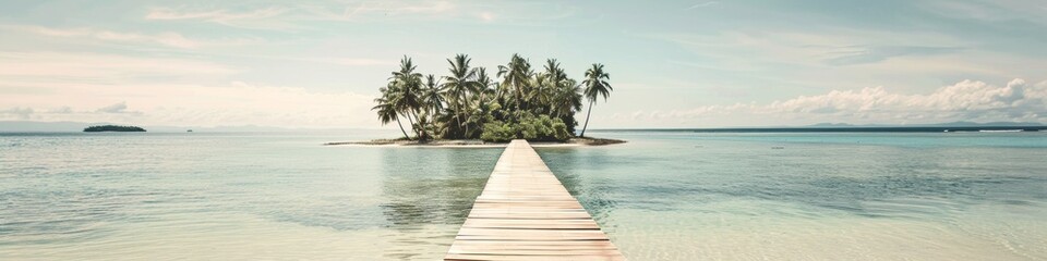 A Tropical Escape Serene Island with Palm Trees on Turquoise Waters from Wooden Dock under Clear Blue Sky