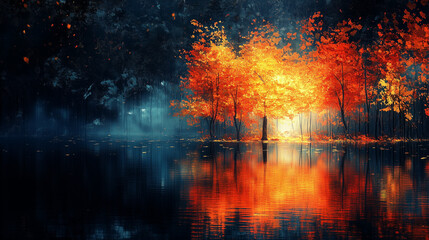 Fototapeta premium Moody autumn scene with vibrant orange trees reflected in a dark, misty lake, creating a dramatic and atmospheric landscape