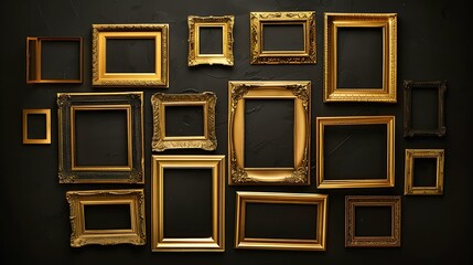 A collection of gold frames in various sizes and designs, arranged artistically against a dark background, creating a contrast that accentuates their shine.