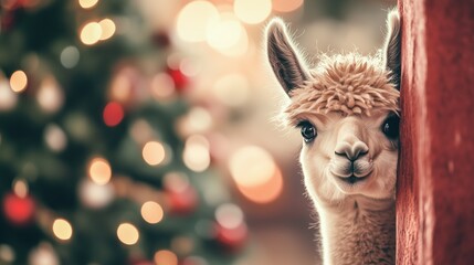 Obraz premium Festive cute Christmas on New Year llama on bright colorful winter decorated background with lights and baubles fir tree funny look