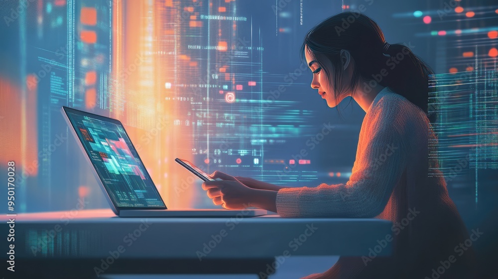 Poster a woman using a mobile smartphone while browsing the internet, with a laptop open in front of her on